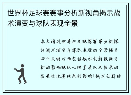 世界杯足球赛赛事分析新视角揭示战术演变与球队表现全景