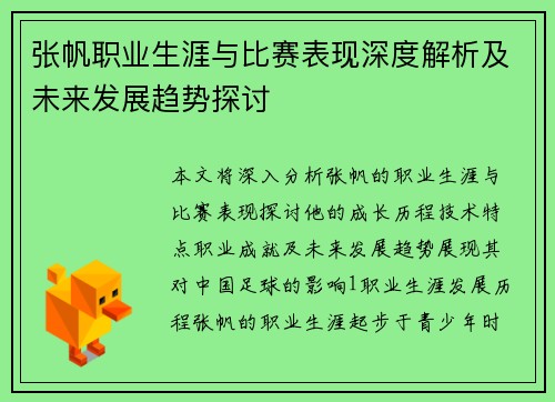 张帆职业生涯与比赛表现深度解析及未来发展趋势探讨